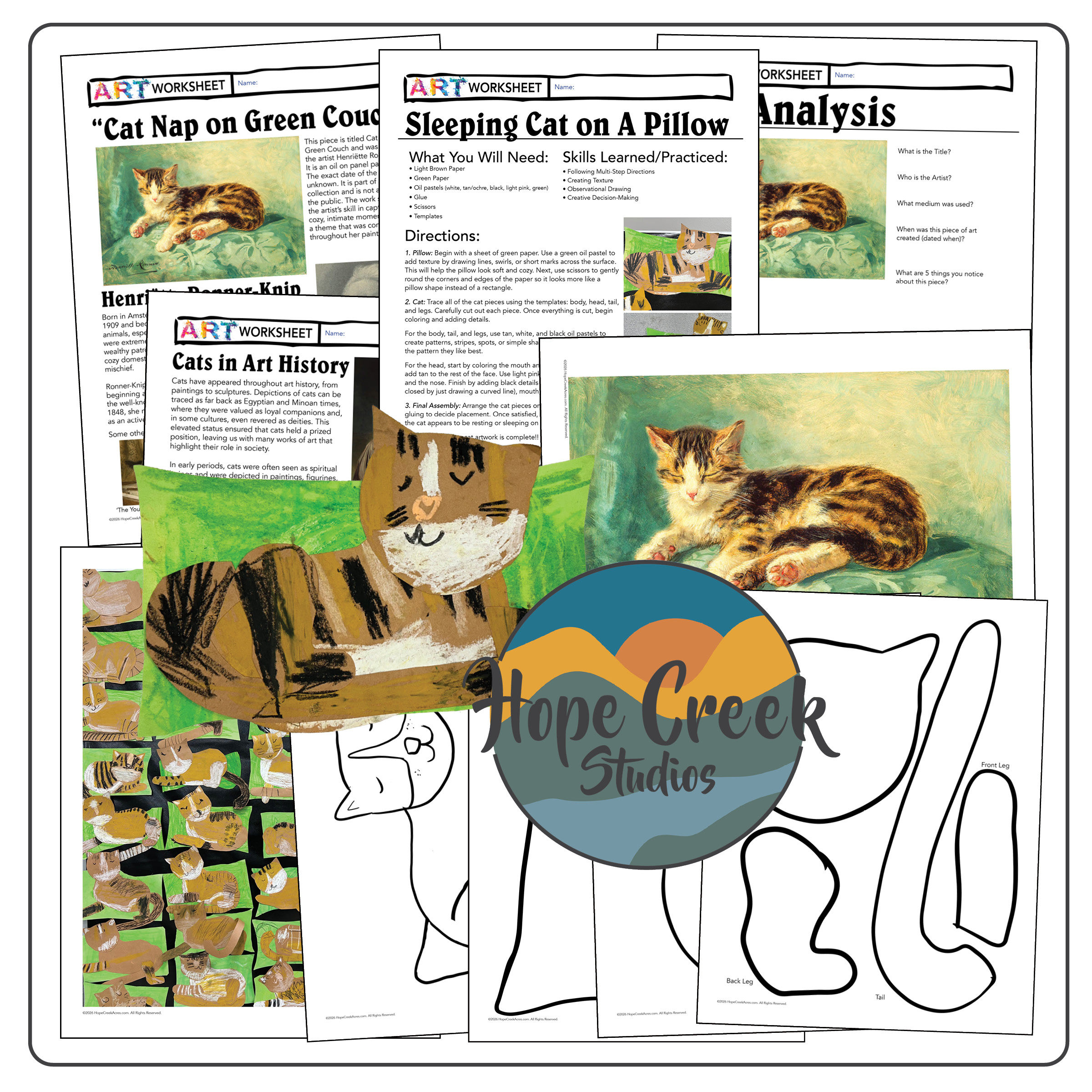 Art History Henriëtte Ronner-Knip, Cat Nap on Green Couch K-3 Collage Texture