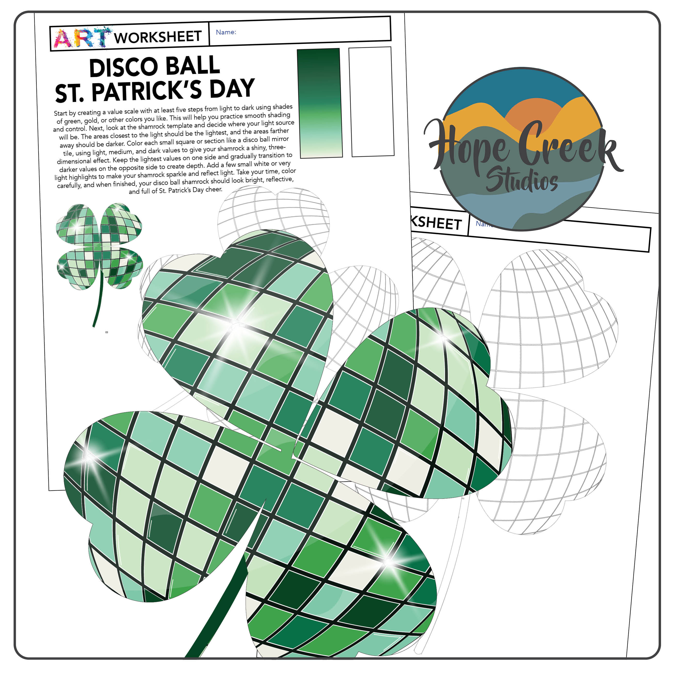 St. Patrick's Day Irish Shamrock Drawing Art Coloring Value Shading Disco Ball