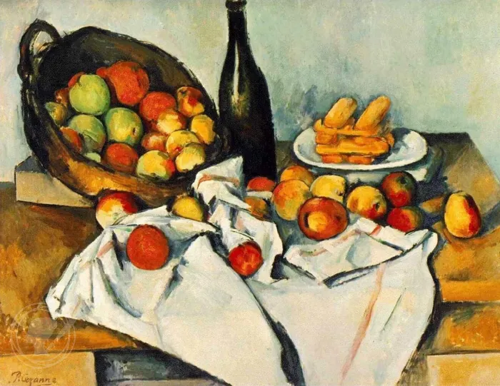 cezanne painting - apple basket on table spread
