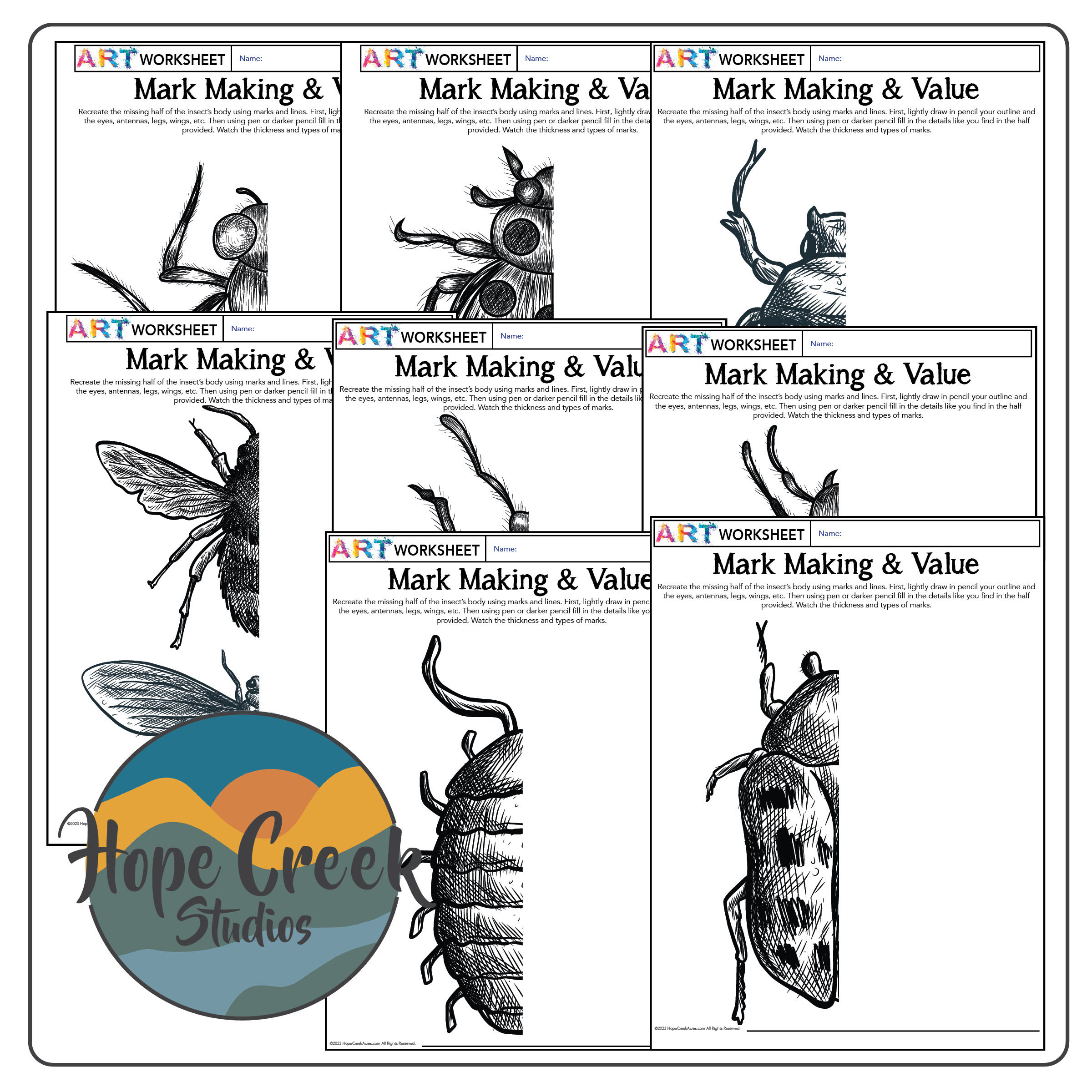 Art Mark Making Pen & Ink Pencil Drawing Value INSECT BUGS Worksheet Technique