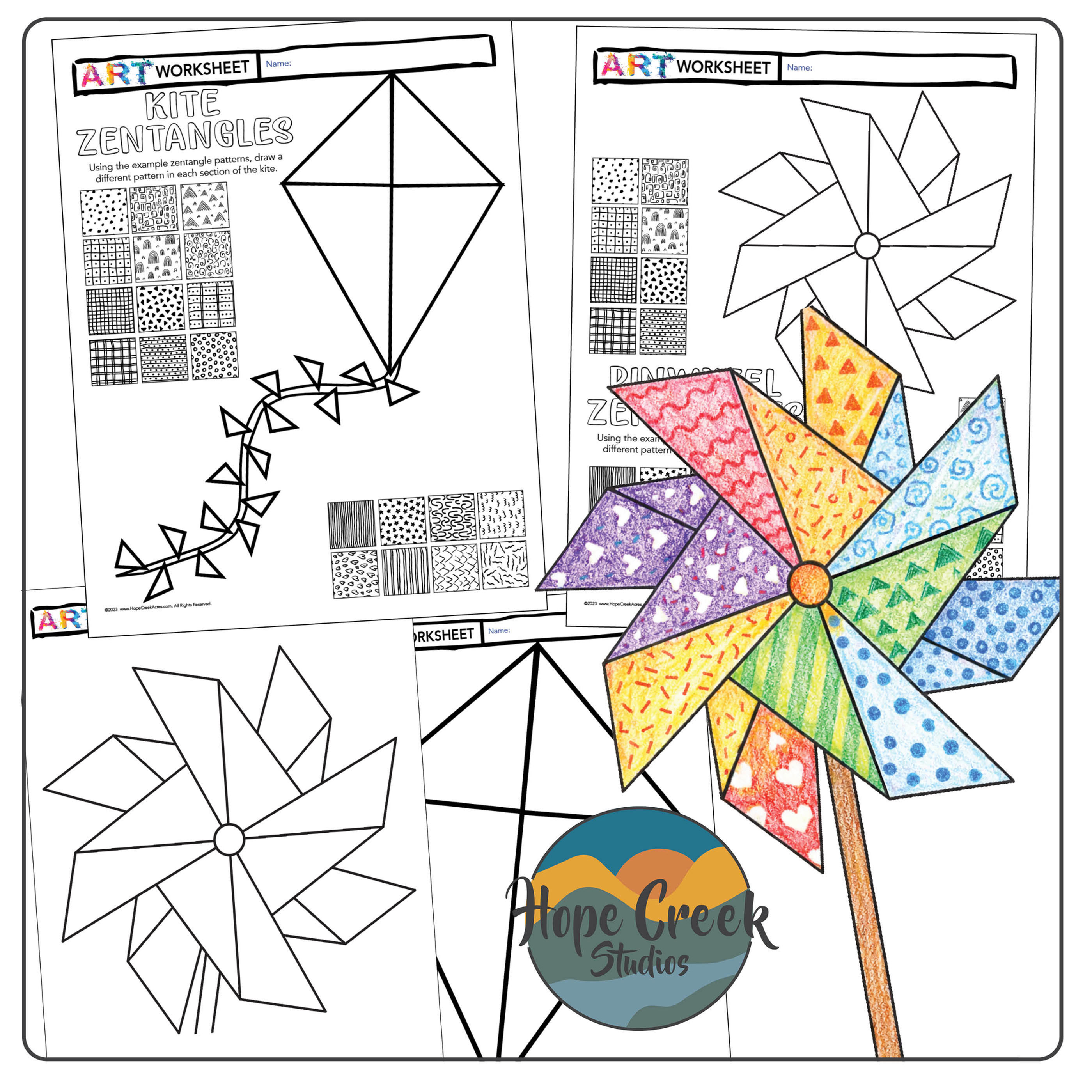 Art Drawing Worksheet Zentangle Spring Kite Pinwheel Pattern & Texture Activity