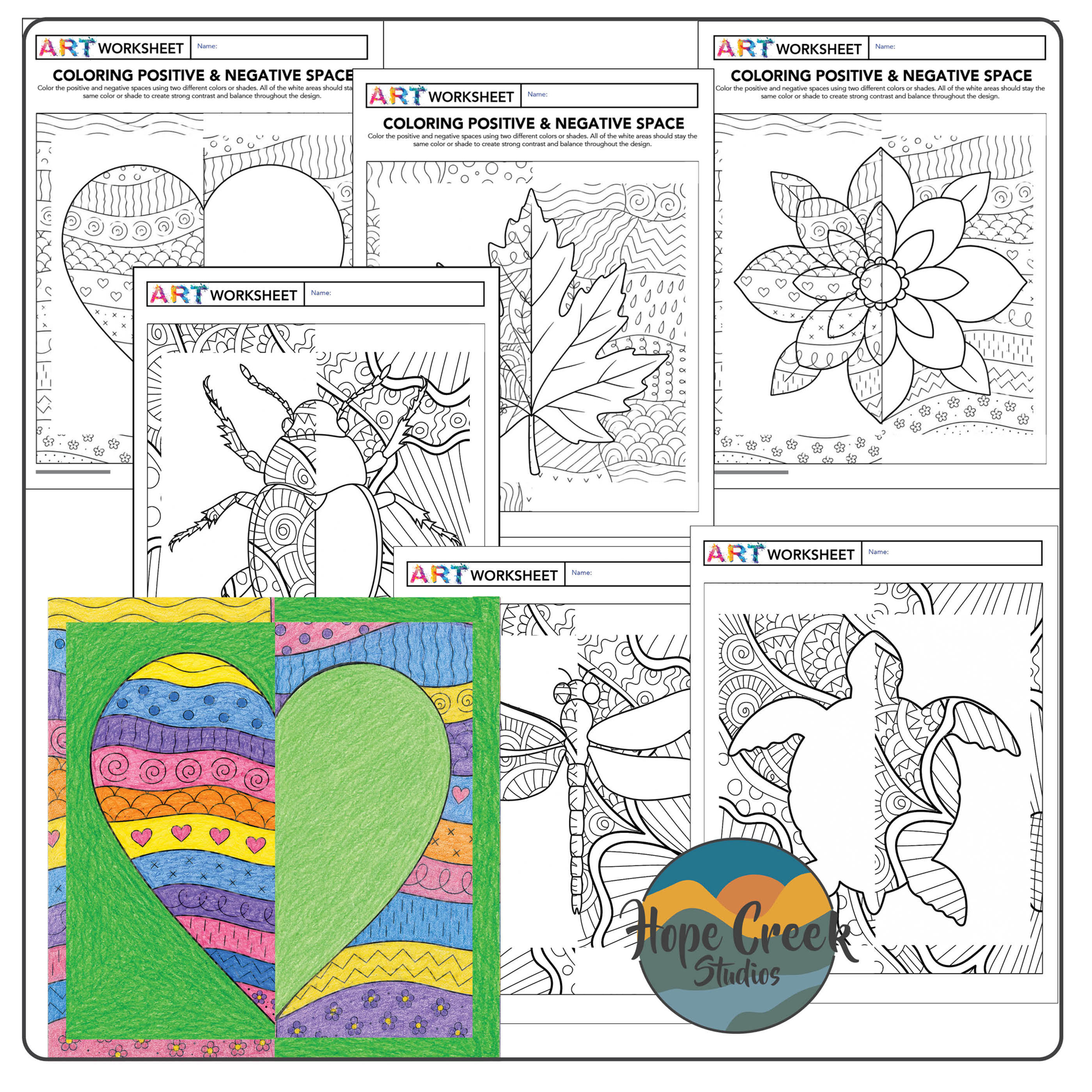 Positive & Negative Space Coloring Pages | Zentangle Heart, Leaf & Animal Art