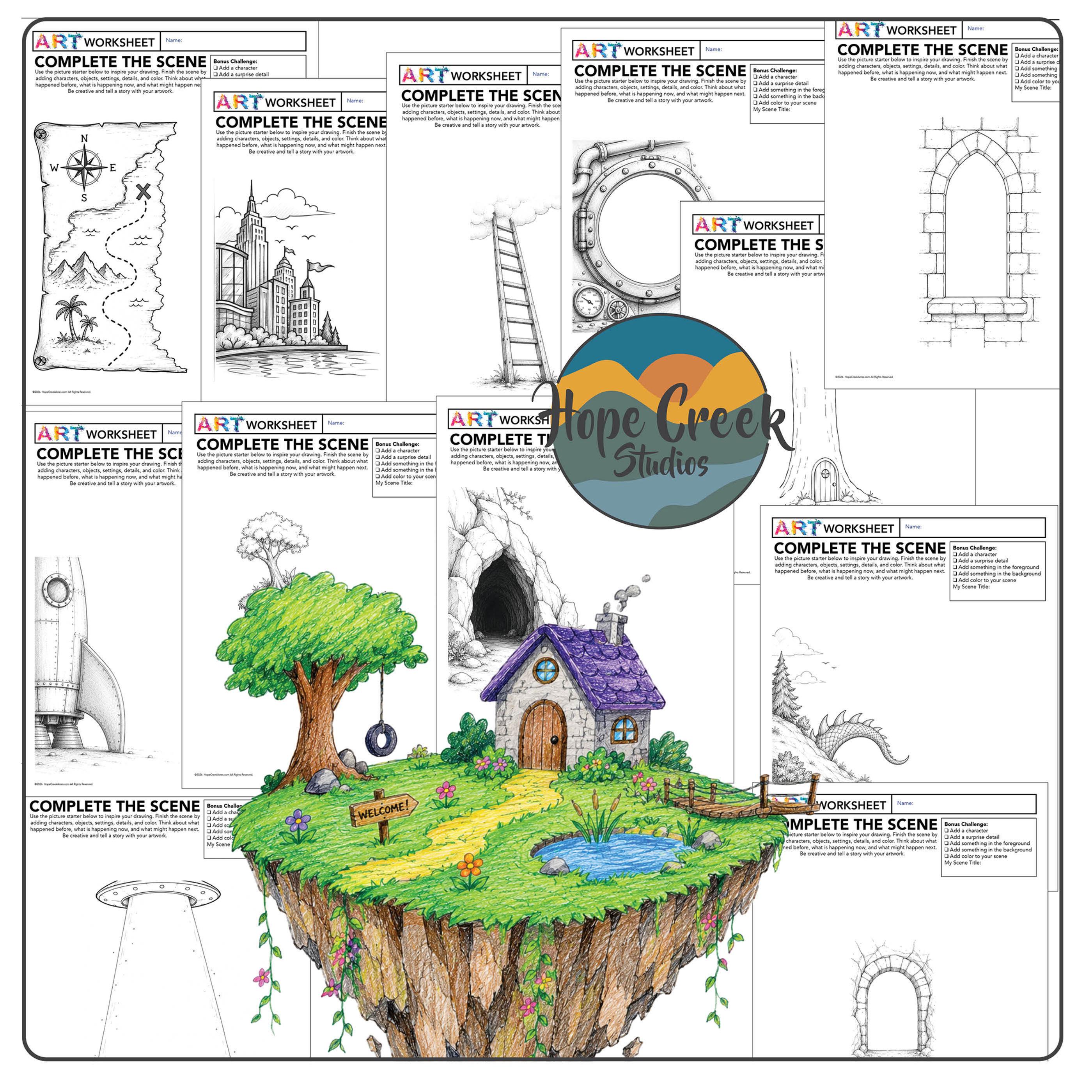 Complete the Scene Drawing Worksheets | Finish the Picture Art Activity Volume 2