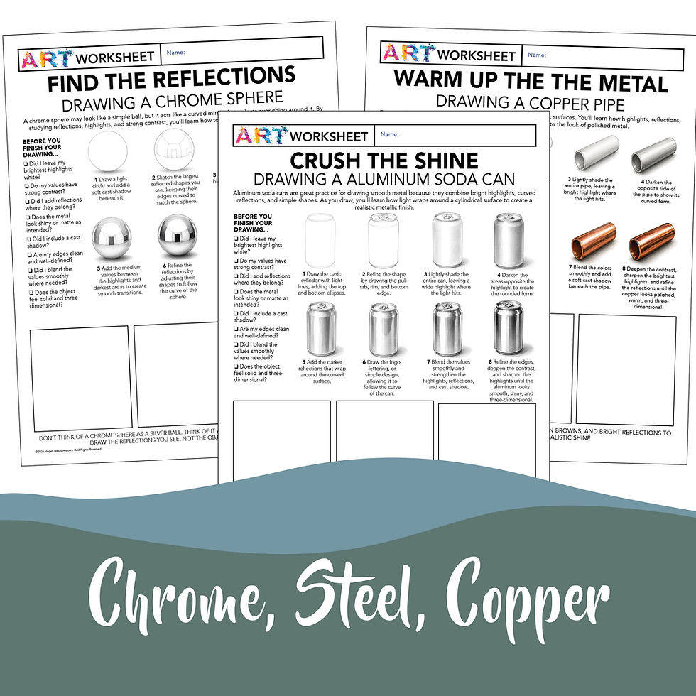 Thumbnail: Metal Objects Drawing Worksheets | Chrome, Gold, Brass & Steel Step by Step Art
