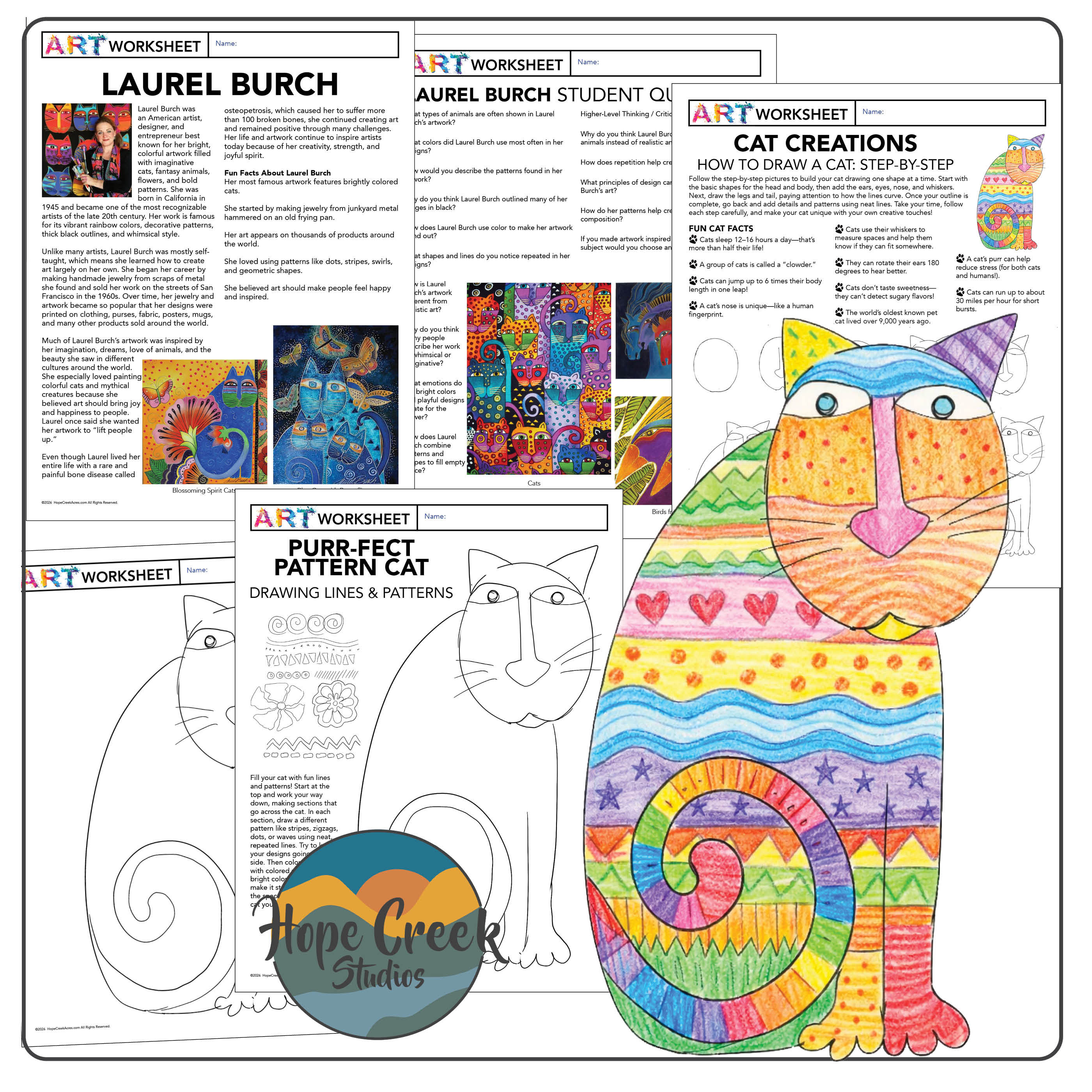 Cat Drawing Art Lesson Zentangle Line & Pattern Design Inspired by Laurel Burch