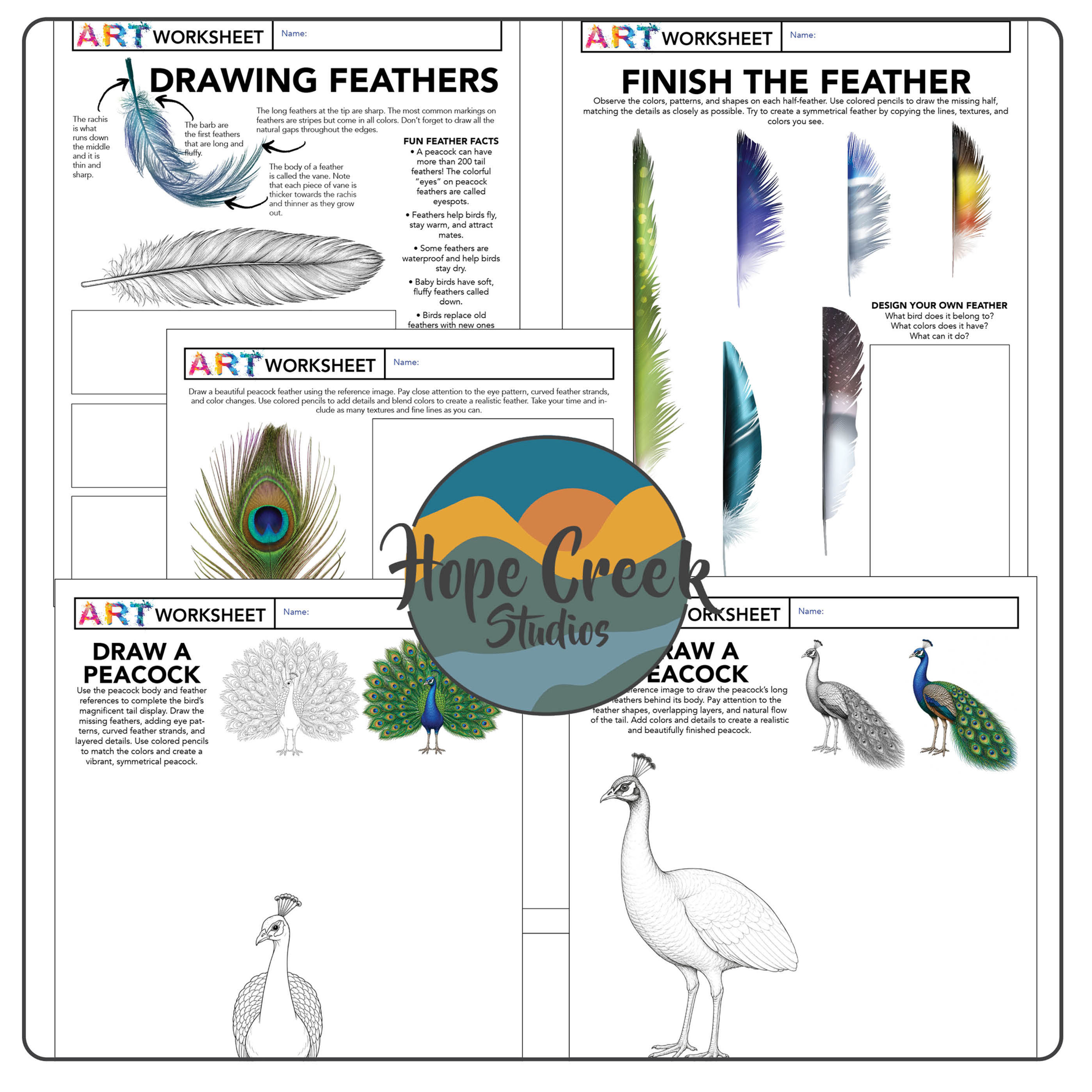 Peacock Art Project, Feather Drawing Activities & Symmetry Worksheet Bundle