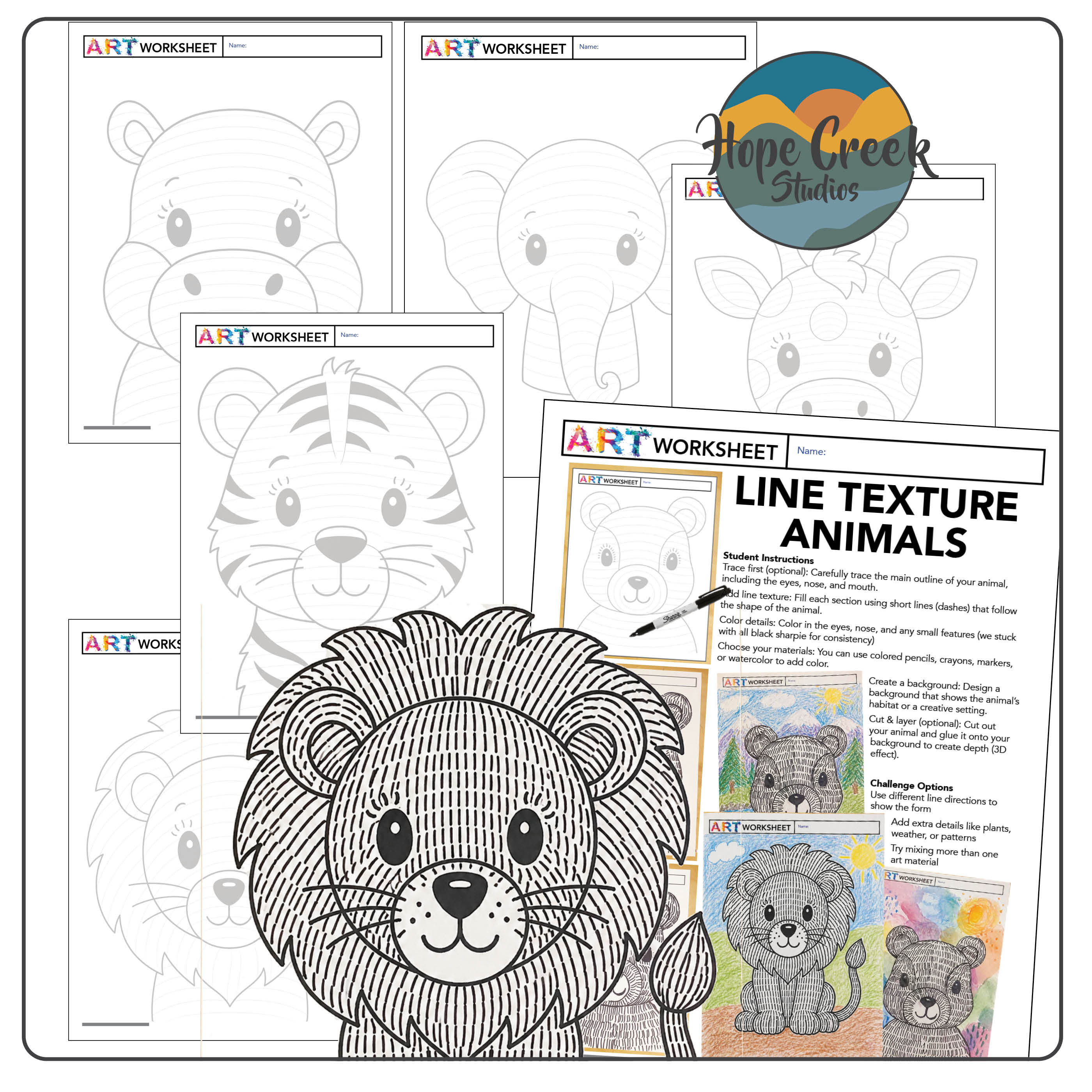 Safari Animal Art Project | Line & Texture Drawing Worksheets | Elements of Art