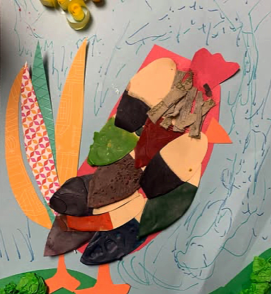 Colorful collage of a rooster with patterned feathers on a swirling blue background. 