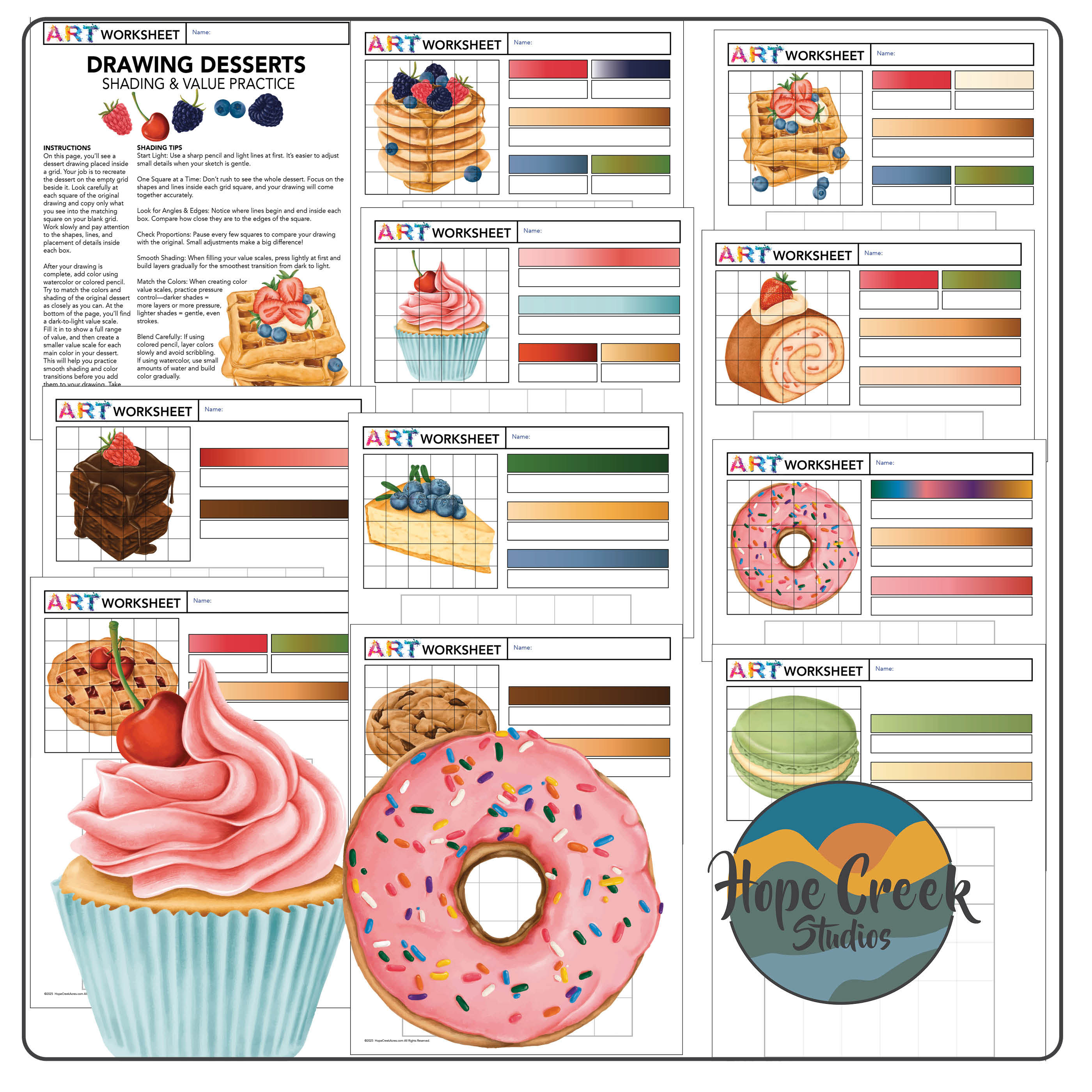 Dessert Grid Drawing Worksheets – Observation, Value, & Shading Practice for Art
