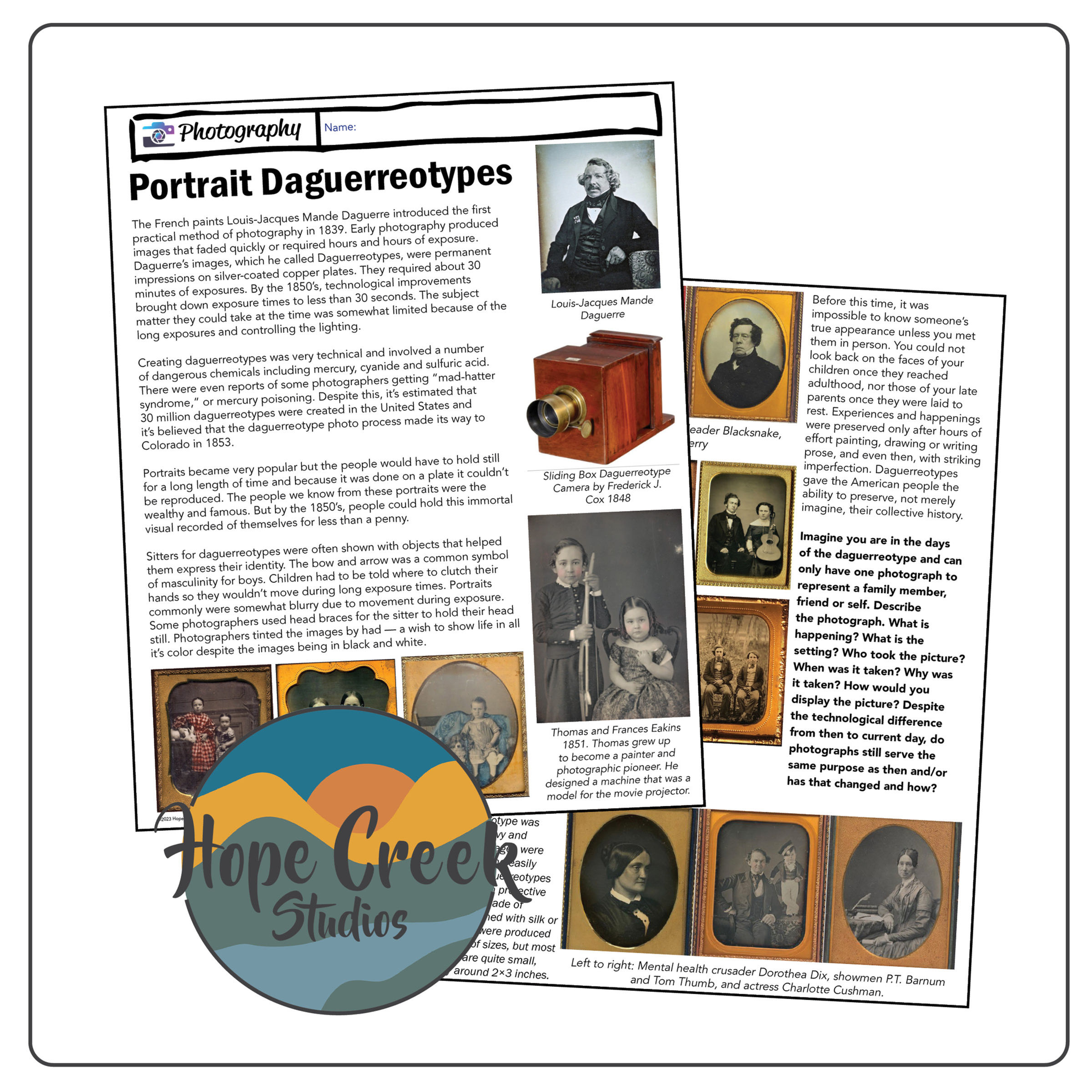Photography History Daguerreotype Photographs Lesson Discussion Worksheet