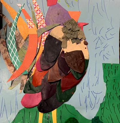Colorful collage of a rooster with patterned feathers on a swirling blue background. 