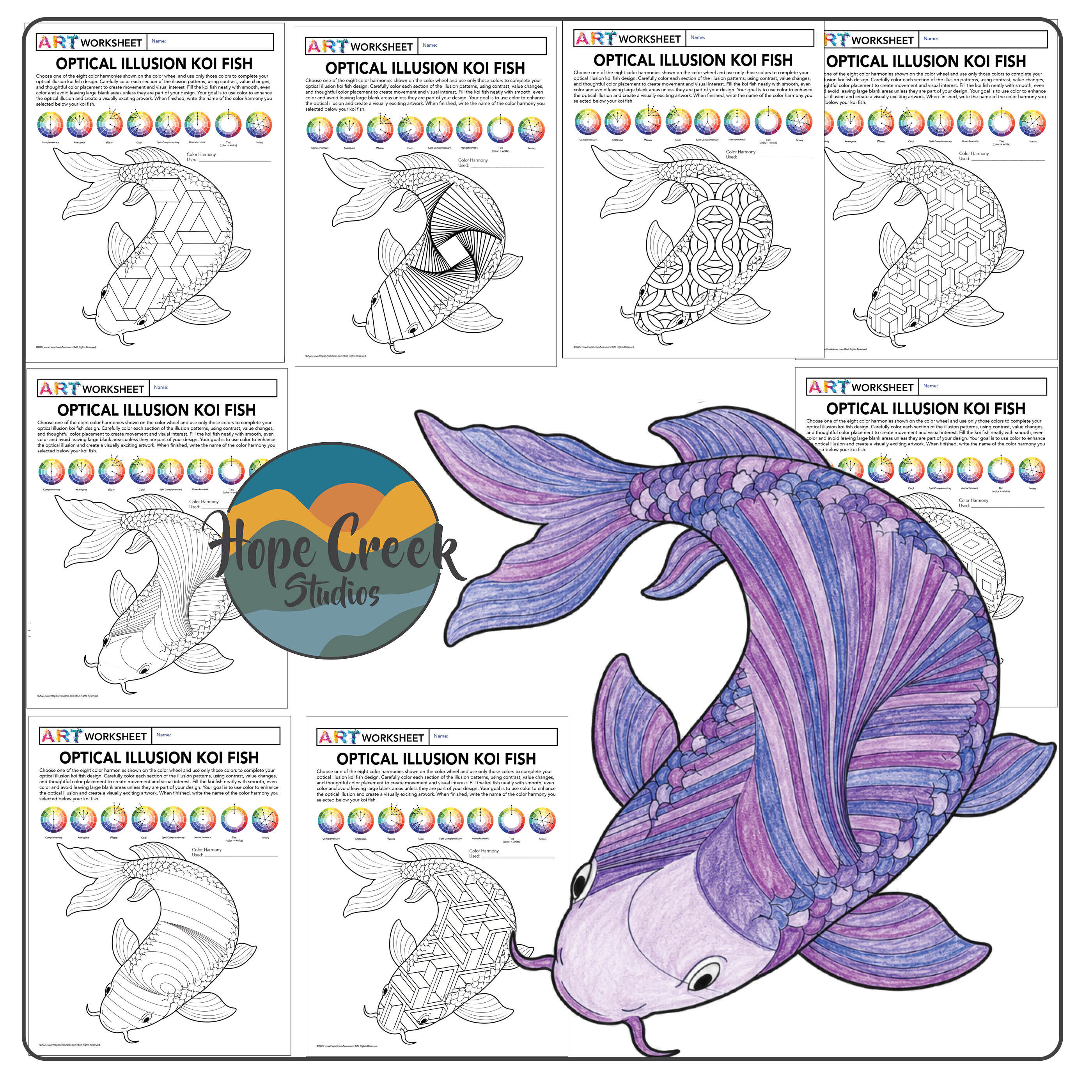 Optical Illusion Koi Fish Coloring Pages | Color Harmony Art Worksheets | 8 Pack