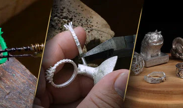 Processo completo de impressão 3D para joalheria — da criação do modelo em resina à fundição e acabamento final das joias metálicas.