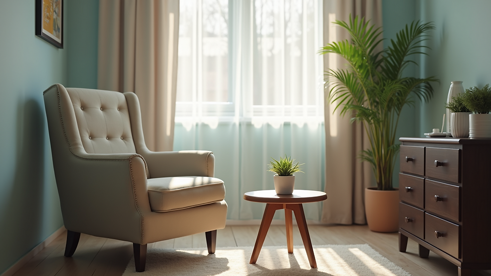 Eye-level view of a therapist's office with a comfortable chair and a small table