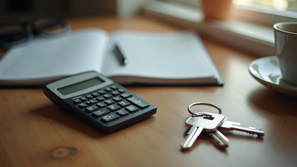 Close-up view of a calculator and house keys on a wooden table