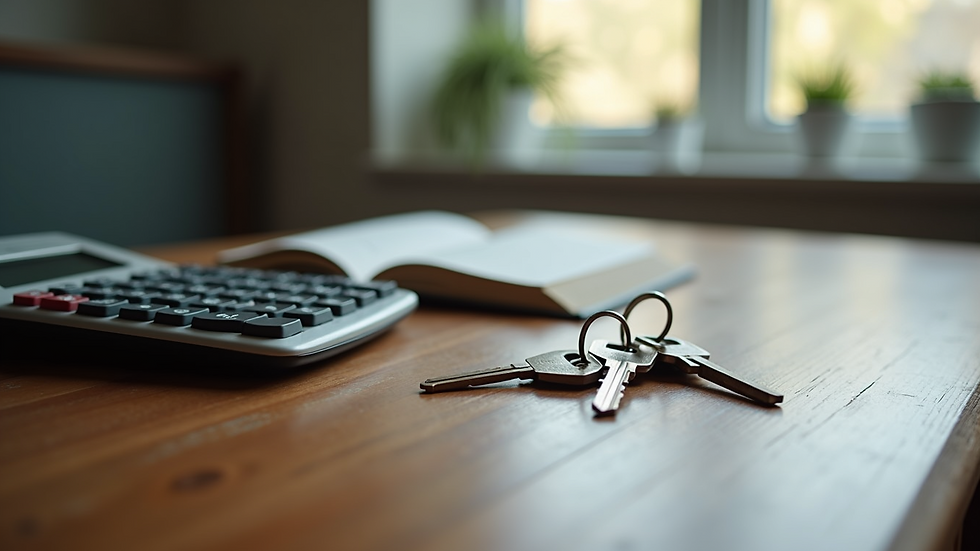 Close-up view of a calculator and house keys on a wooden table