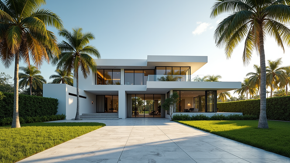 Eye-level view of a modern South Florida home with palm trees