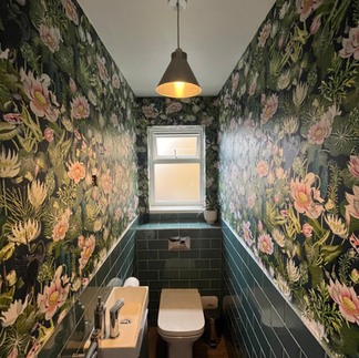 Small bathroom tiling and floral wallpaper installation, South West England.
