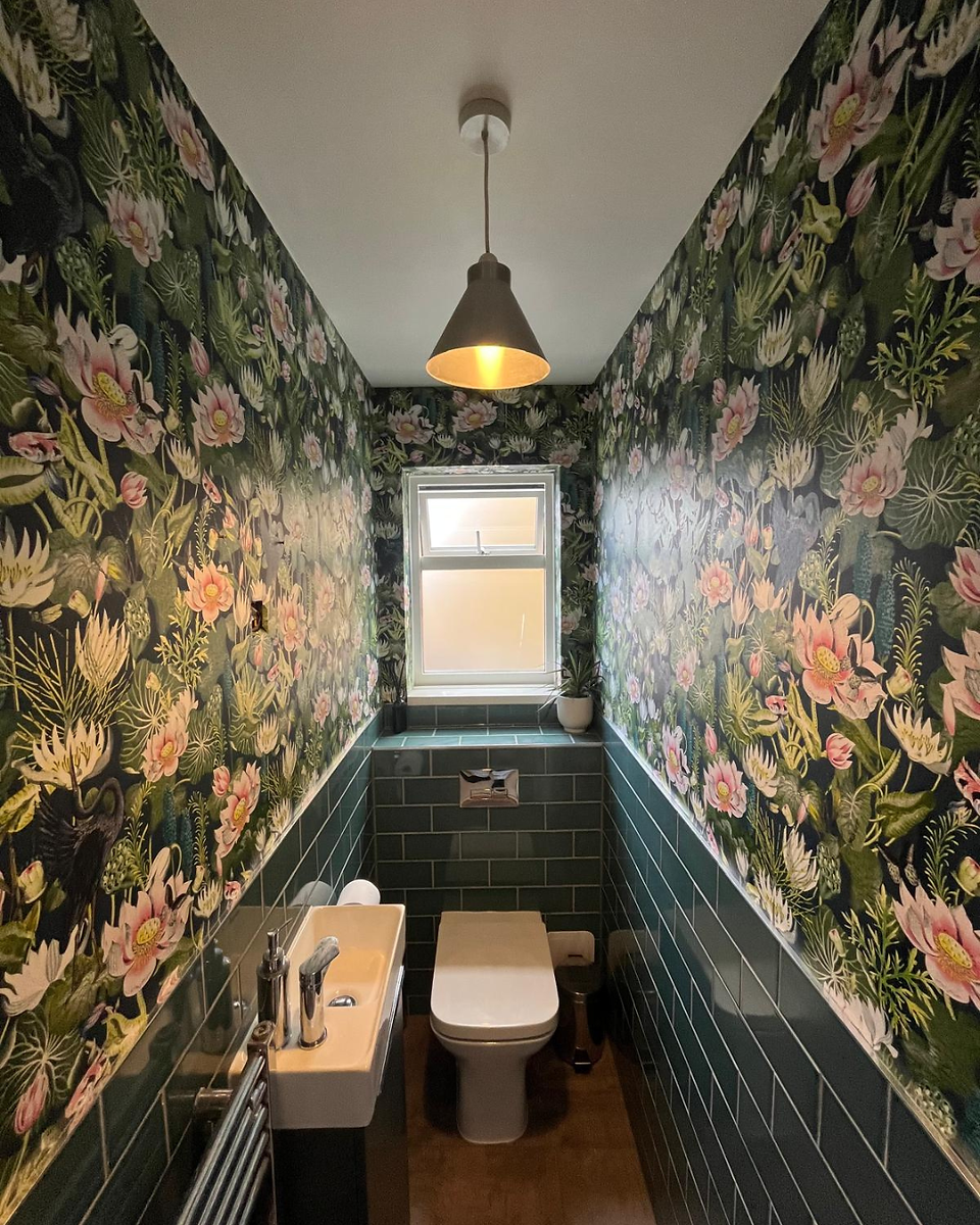 Small bathroom tiling and floral wallpaper installation, South West England.