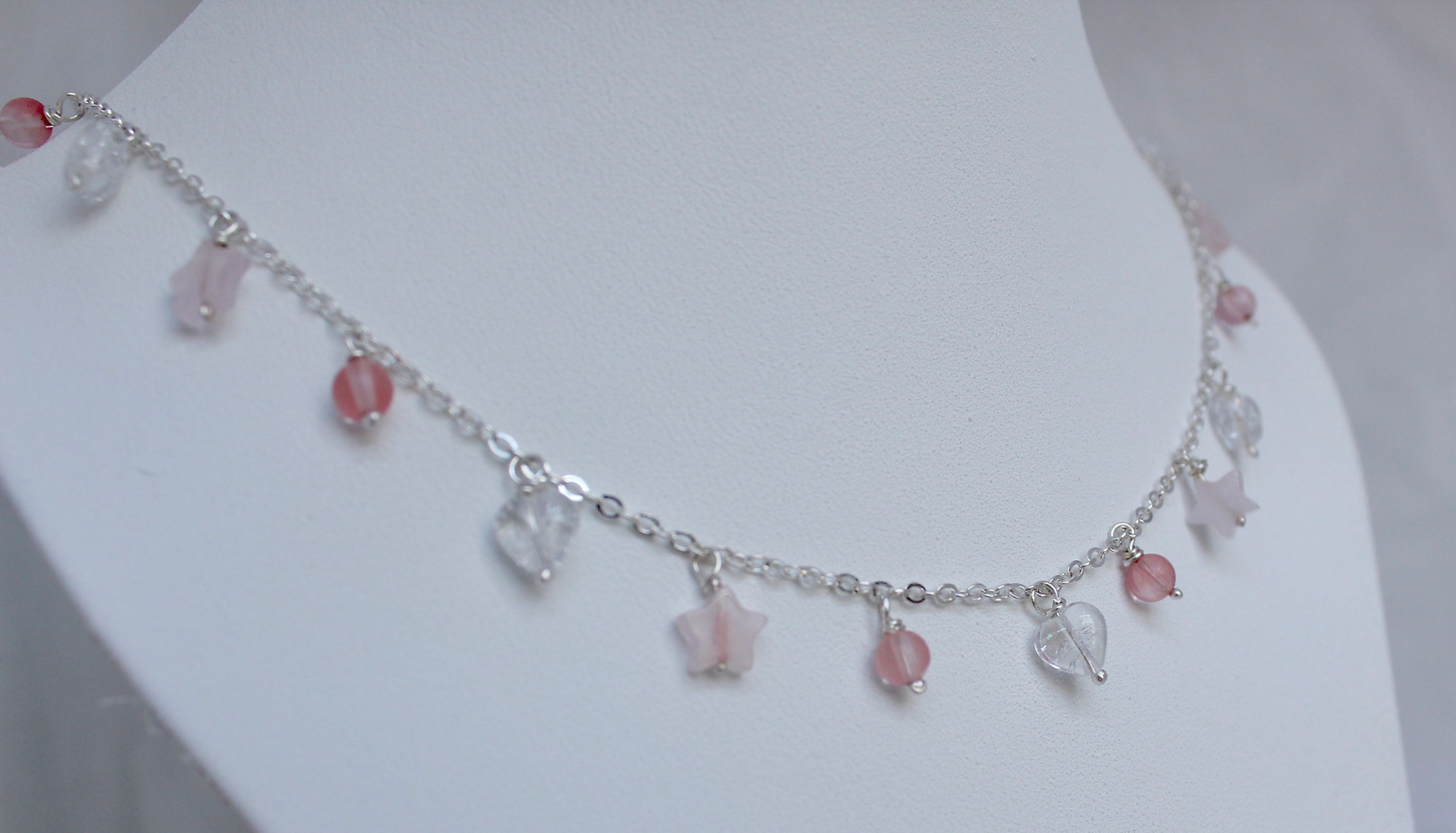 Sterling zilveren ketting met rozenkwarts en cherrykwarts