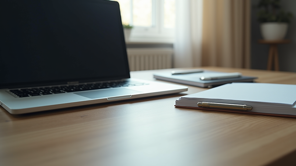 Eye-level view of a modern workspace with a laptop and a notepad