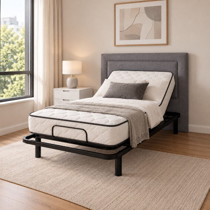 Cama articulada Tokio con colchón de látex La Cardeuse en dormitorio moderno