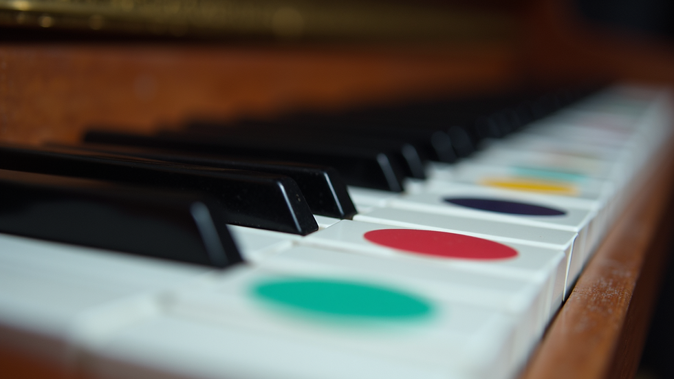 Close-up view of piano keys with colorful stickers on some keys
