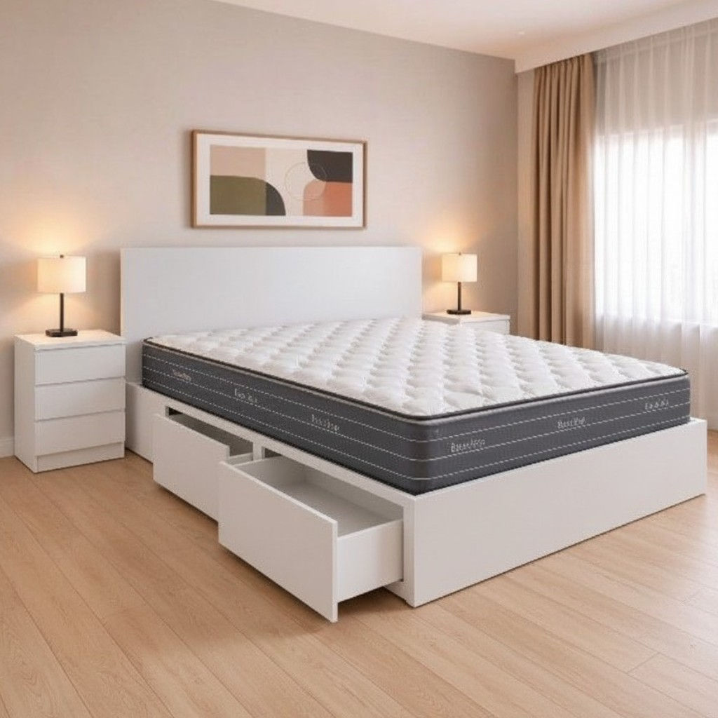 Cama Madero laqueada con cajones laterales y colchón