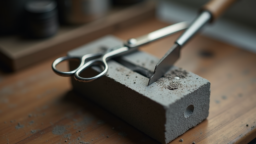 Eye-level view of sharpening stone with a pair of scissors on top