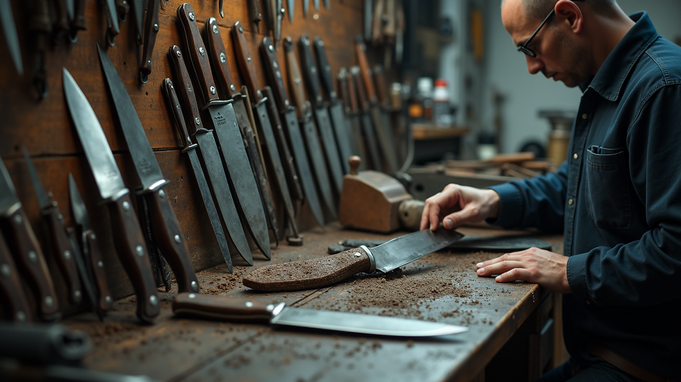 Eye-level view of a knife repair shop with various knives and tools displayed