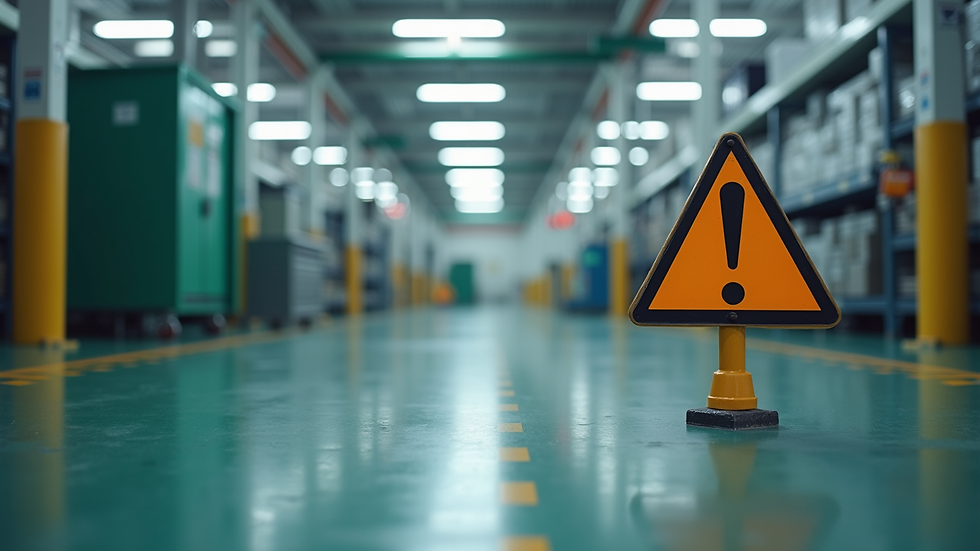 Close-up view of a workplace safety sign on a factory floor