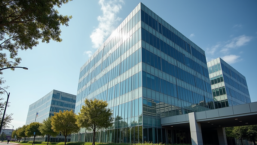 Eye-level view of a modern office building in Irvine