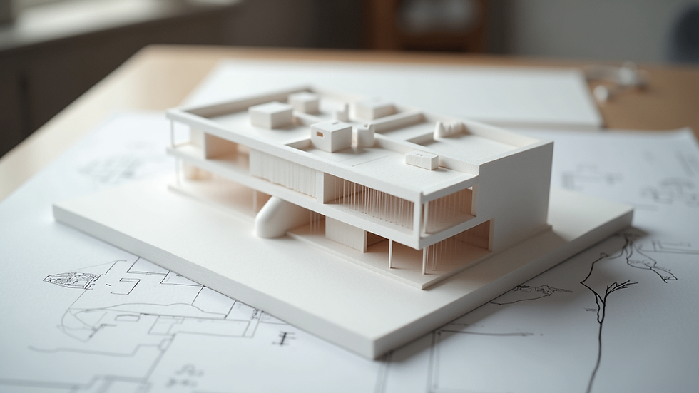 High angle view of a modern architectural model on a drafting table