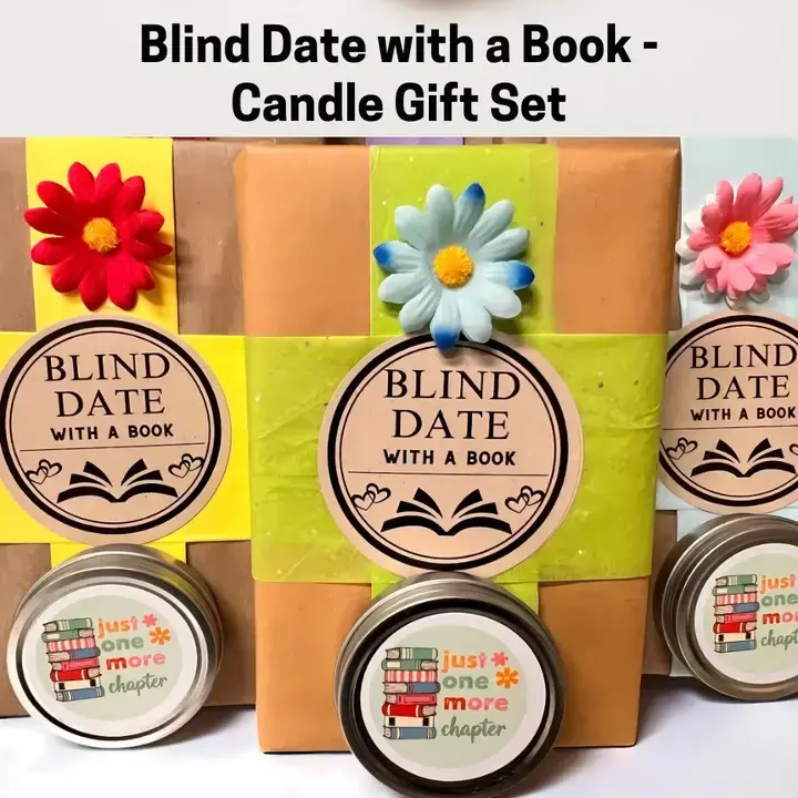 Gift set featuring a hand-selected wrapped book and 2oz hand-poured soy candle in lavender or pumpkin spice, perfect for book