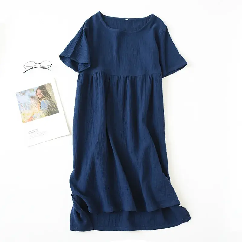 Thumbnail: Summer Sleepwear 100% Cotton Crepe Short-Sleeved Sleepshirts Plus Size Loose