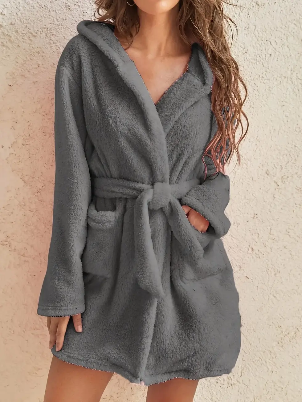 Thumbnail: 1 Piece of Women's Solid Color Hooded Robe With Belt, Cozy and Warm Fleece