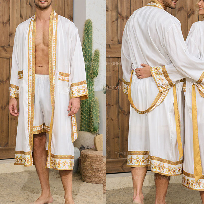 Men Robe Sleepwear Baroque Style Print Kimono Satin Peignoire De Douche Homme