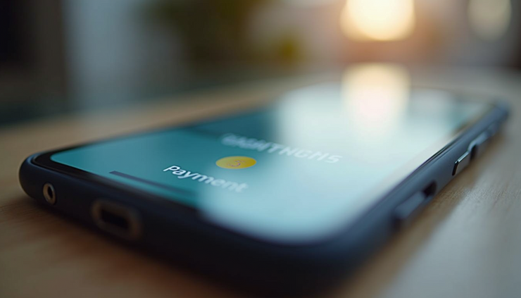 High angle view of a smartphone displaying a payment confirmation screen