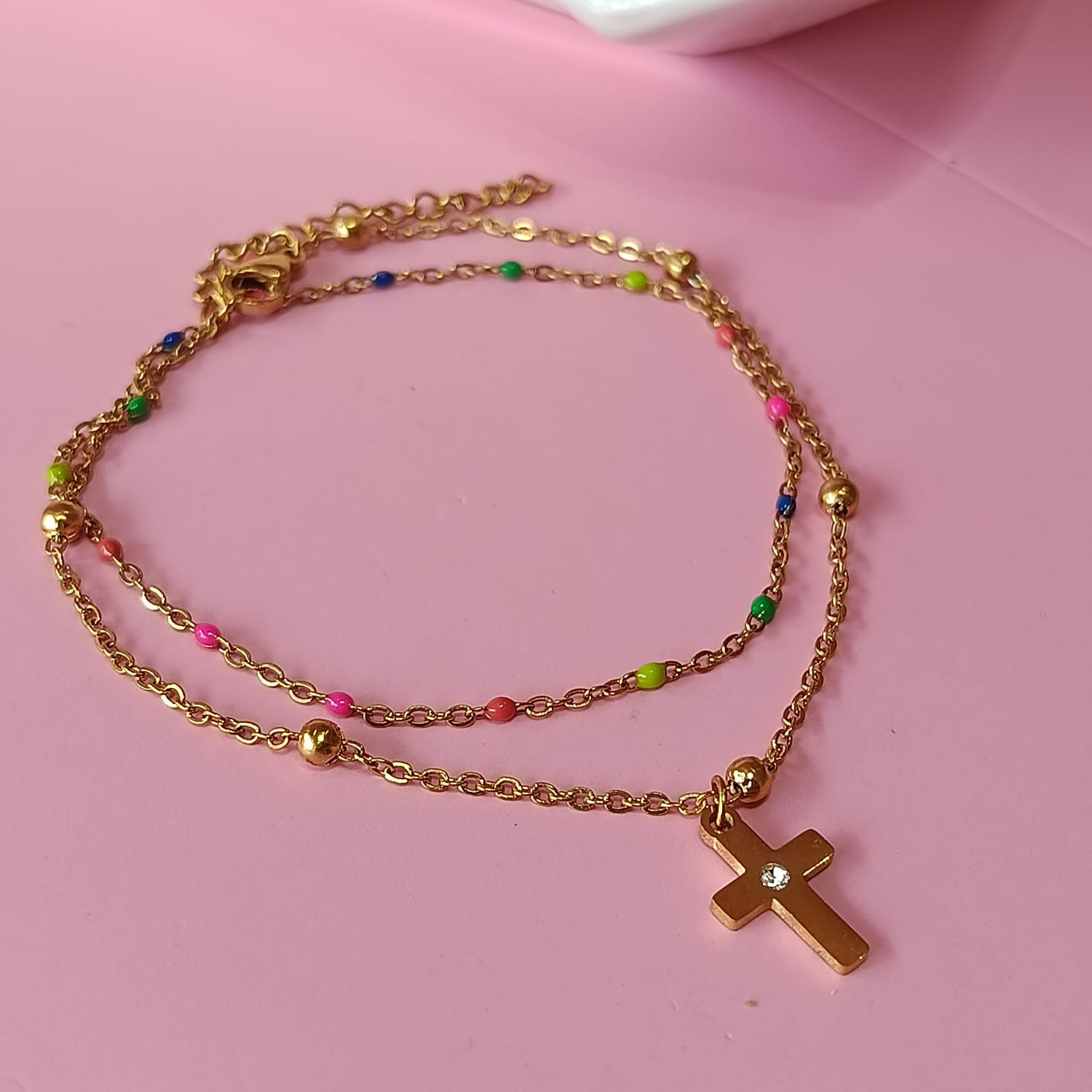 TOBILLERA CRUZ CIRCON Y BALINES COLORES AJUSTABLE