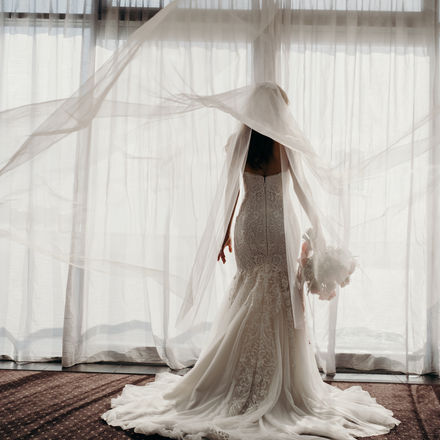 Bride wearing a long cathedral wedding veil with a fitted lace bridal gown beside a sunlit window.