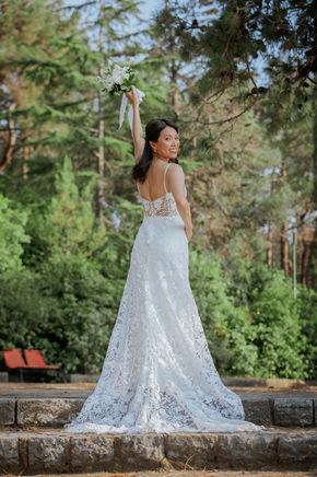 Bride in a bespoke Guipure lace wedding dress in Melbourne forest