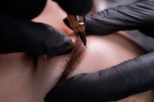 Macro photo of eyebrows with applied permanent makeup in pixel technique. PMU Procedure, P