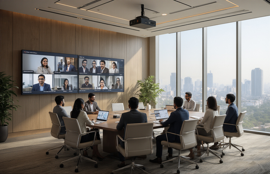 Interactive touch display used for collaboration in hybrid workspace meeting