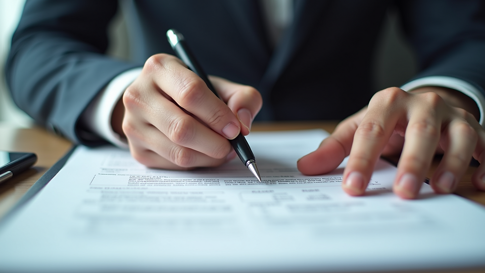 Eye-level view of a person reviewing a CV with a pen in hand