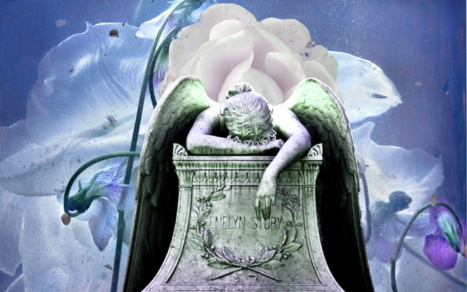 Cool-toned collage of a weeping angel with a white rose behind them.