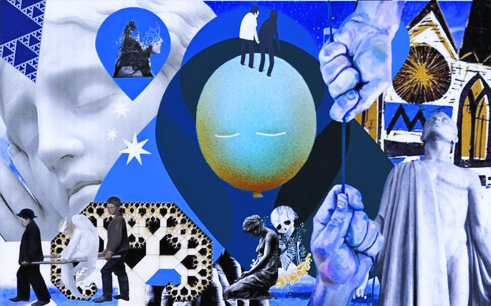 A decorative cool-toned collage with blues and yellows depicting figures holding hands on a sad balloon, two hands holding opposite sides of a thread, a face crying stars, and two children carrying a stretcher with a masked angel.
