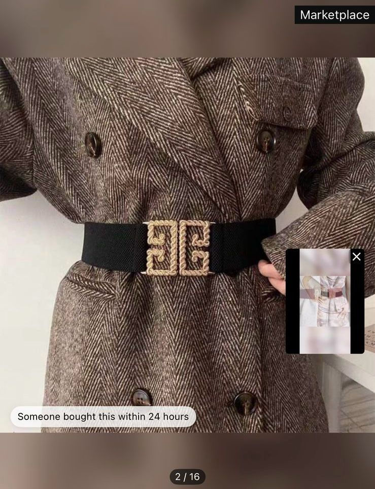 Black Elastic Waist Belt with Gold Geometric Buckle