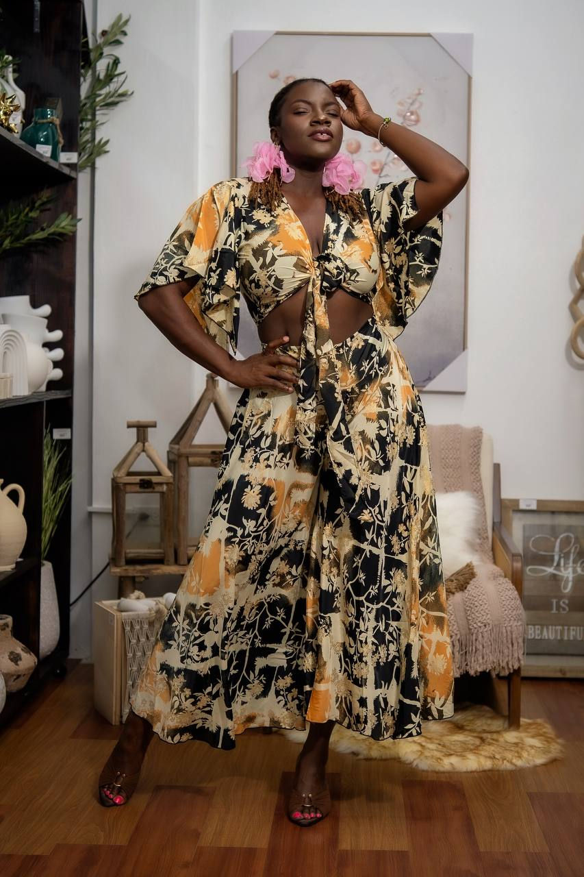 Golden Tropics Tie-Front Palazzo Set