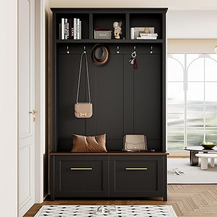 Hall Tree with Brown Wood Grain Storage Bench for Entryway, Mudroom Coat Rack wi
