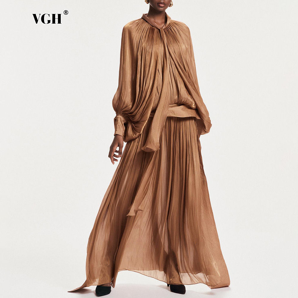 VGH Minimalist Spliced Folds Maxi Dresses for Women Scarf Collar Lantern Sleeve 